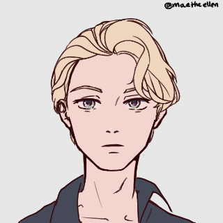 An illustration of a male presenting person with light skin, short blond hair, and gray eyes wearing a black dress shirt.