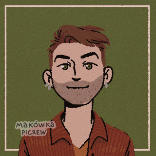 An illustration of a man with light skin, short brown hair, beard stubble, and green eyes. He’s wearing an orange shirt and earrings.
