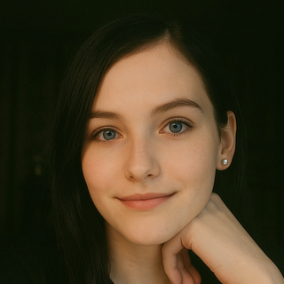 An edited photo of a woman with light skin, long black hair, and blue eyes.