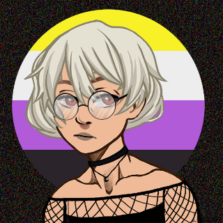 An illustration of a transmasculine person with tan skin, short white dyed hair, and red eyes. They’re wearing a black mesh top, choker necklace, and large round glasses. Behind them is the nonbinary flag.
